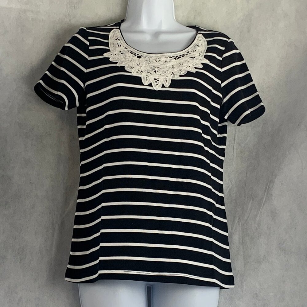 Karen Scott Women's Lace Applique Striped Short-Sleeve Top, Black, Small